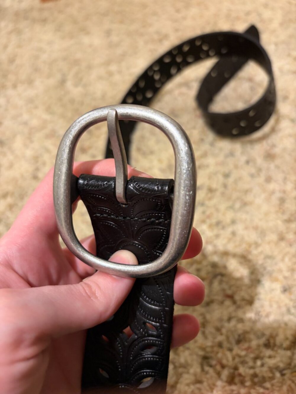 Fossil Floral Perforated Strap Belt Black Silver Buckle - Picture 5 of 14